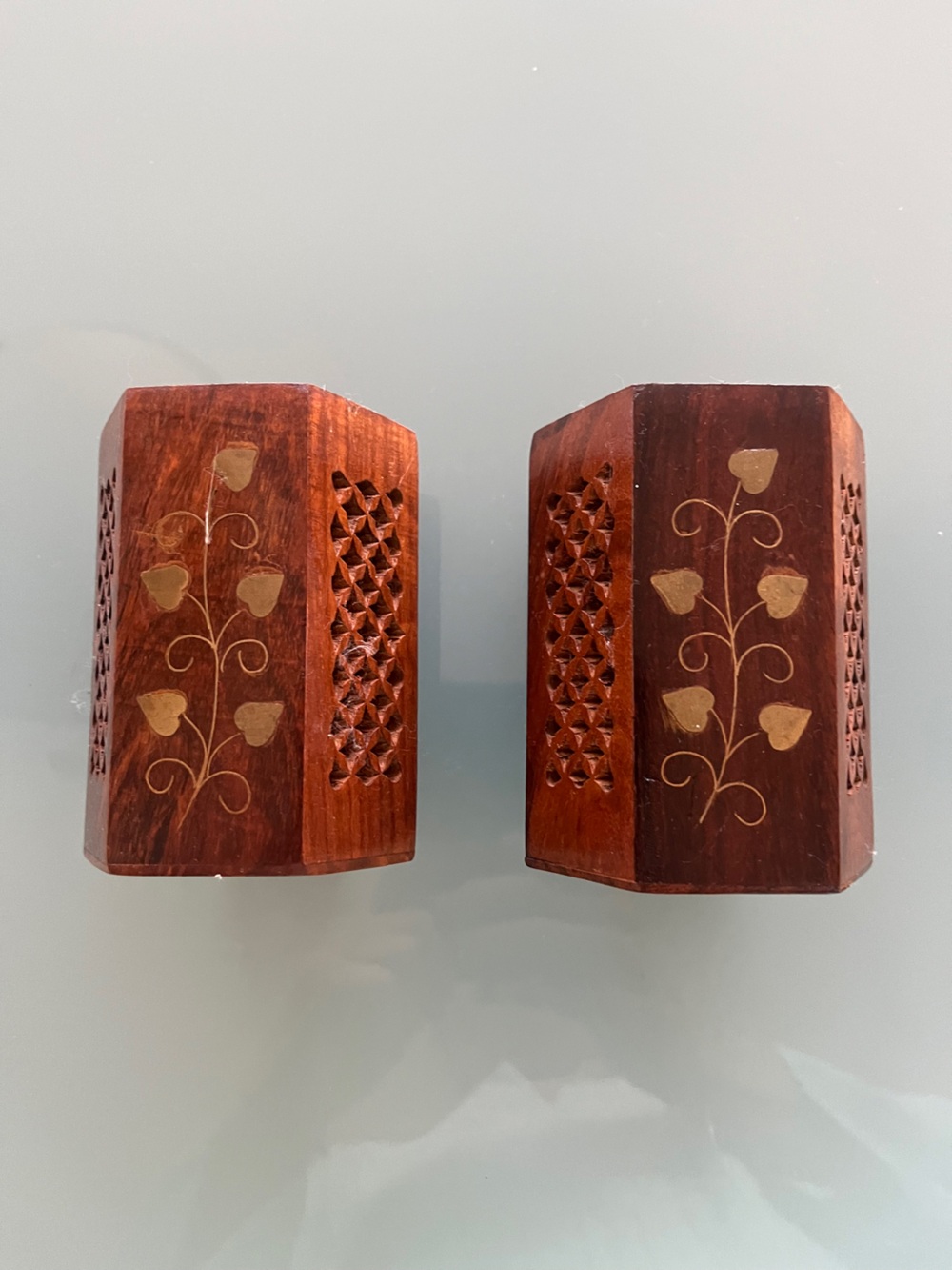 Pair Of Wooden Hexagon Hand Carved Brass Inlay Pen Pencil Holders Decorative  4”